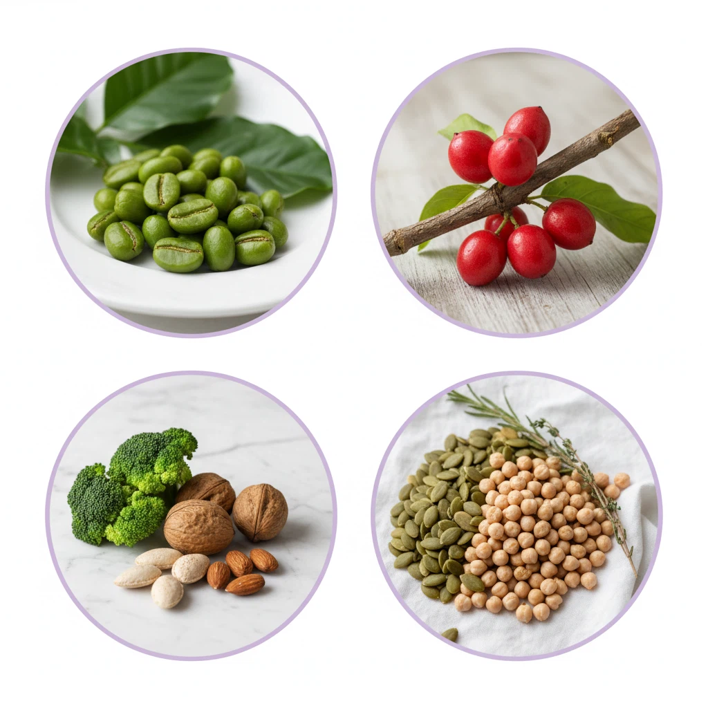 Botanical ingredient portraits: green coffee beans, guarana berries, broccoli and nuts for chromium, pumpkin seeds for zinc